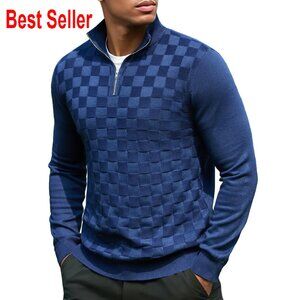 Quarter Zip Pullover Jacquard Checkered Sweater Classic Retro Men's Style